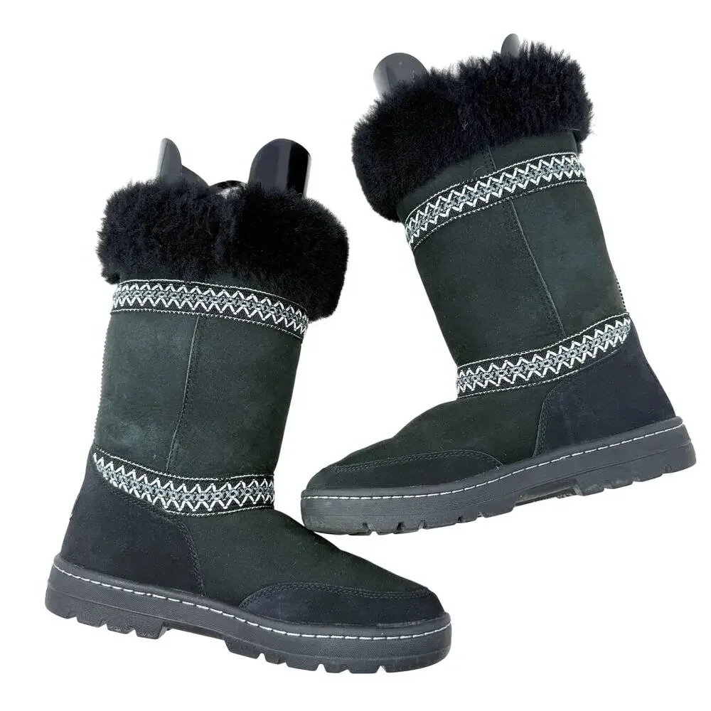 Ugg Black Sundance Revival Tasman Braid Boots Size 8 Pull On Sheepskin Shearling